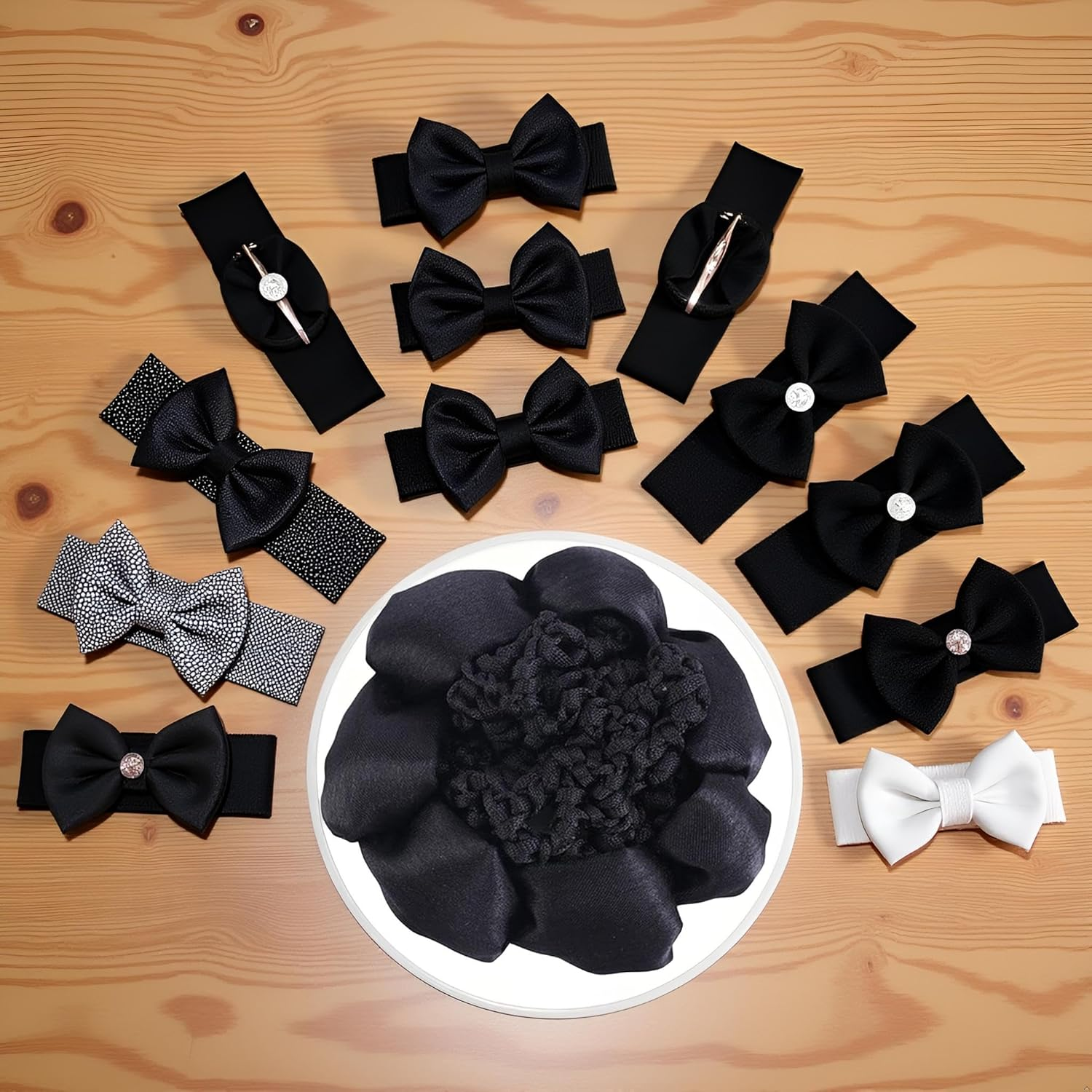 Black Women Hair Accessory Set - Crochet Bun Cover, Elastic Headdress with Ponytail Holders, Barrettes, Bun Shapers image number 1