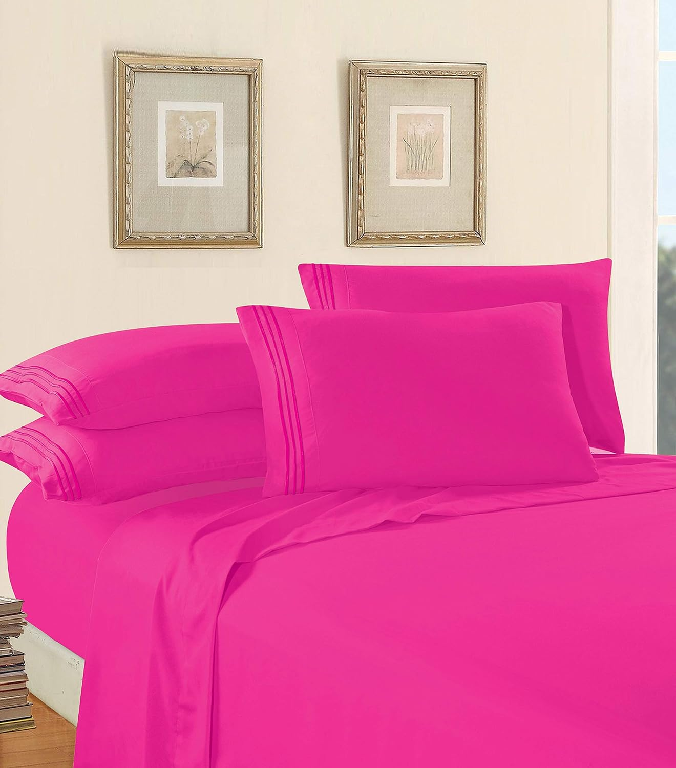 Elegant Comfort Luxury Soft 1500 Thread Count Egyptian 4-Piece Premium Hotel Quality Wrinkle Resistant Coziest Bedding Set, All around Elastic Fitted Sheet, Deep Pocket up to 16Inch, King, Hot Pink image number 6