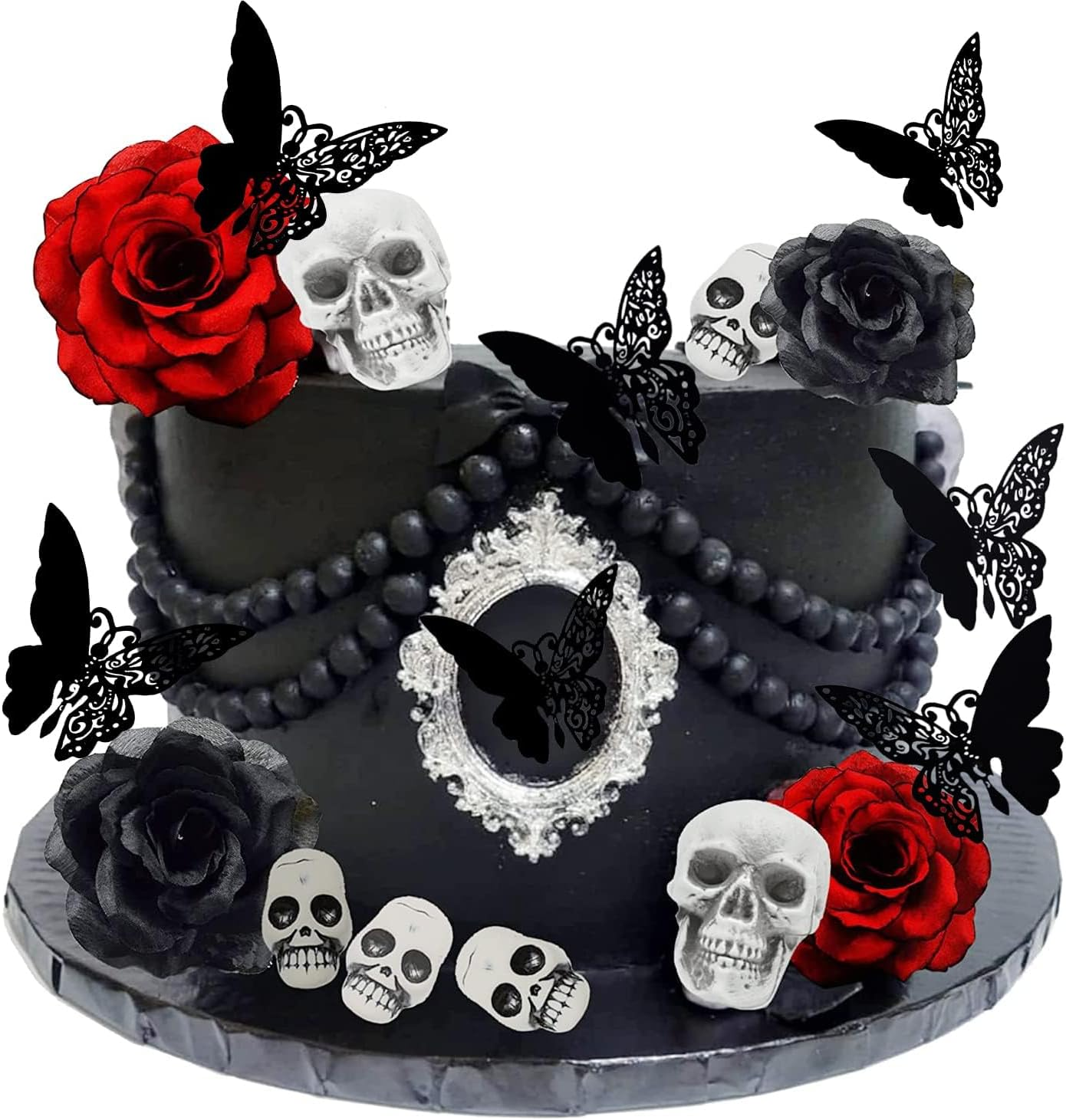 21Pcs Halloween Gothic Cake Decorations, Dark Rose Skull Butterflies Oval Photo Frame Gothic Cake Accessories Terror Party Supplies Favors