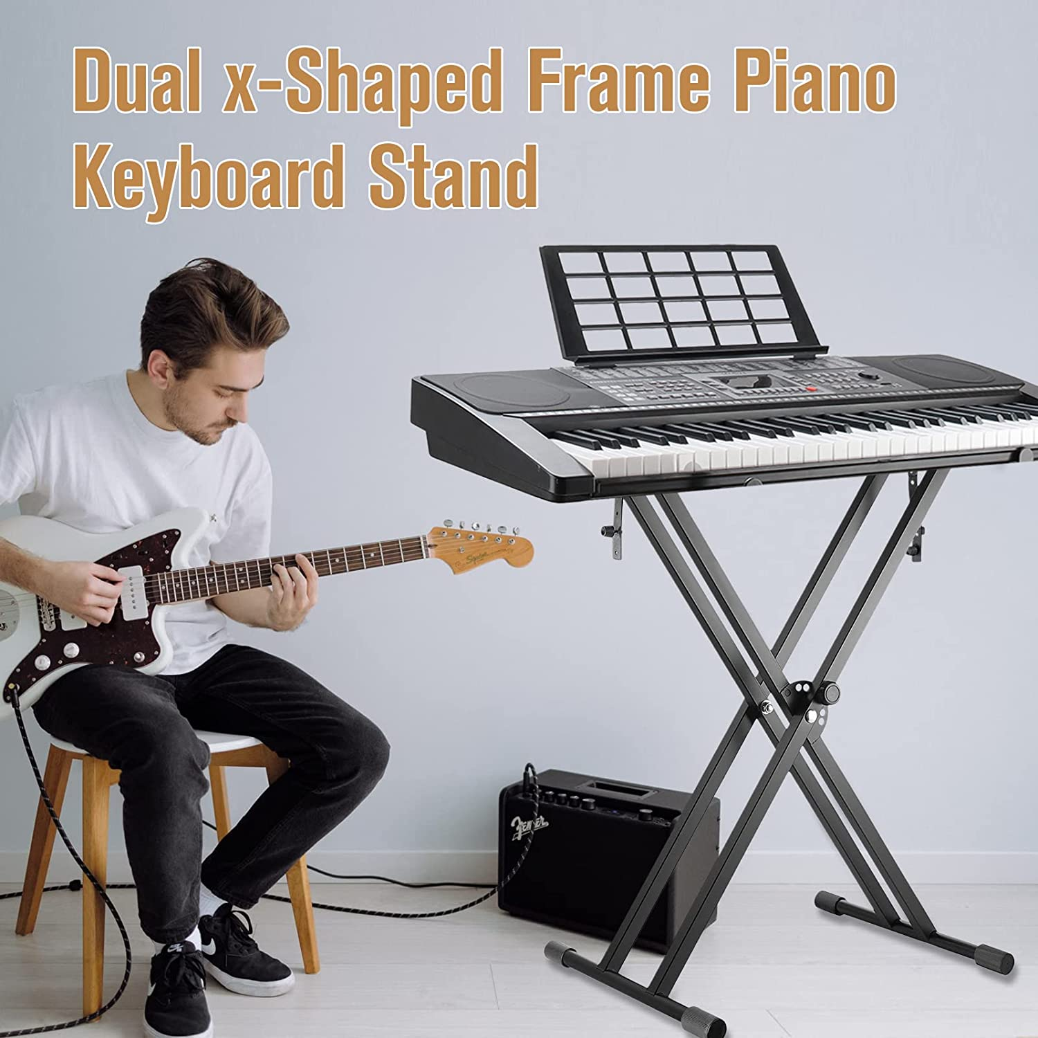 Piano Keyboard Stand Double Braced Adjustable X Style Digital Piano Stand with Locking Straps (Fits 54-88 Key Electric Pianos) - Stand  Bench image number 2