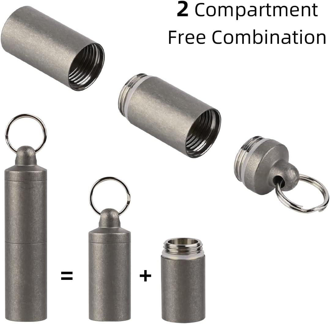 SW631 Titanium Portable Pill Case Keychain,Large Pill Holder Keychain ,2 Compartment Waterproof Pill Box for Outdoor Travel Camping(Include a Large Titanium Keychain Clip)