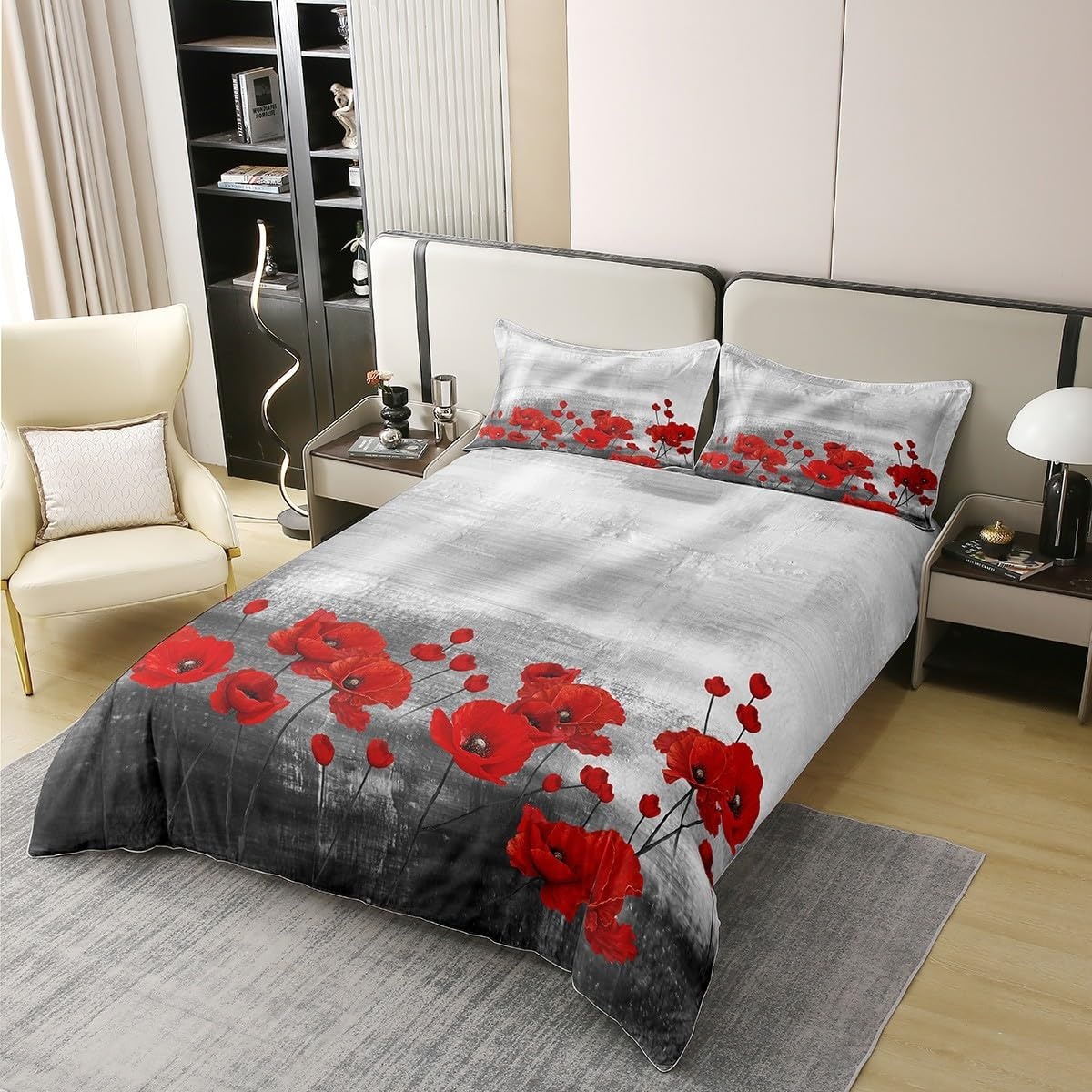 Loussiesd Red Poppies Bedding Set Watercolour Flower Art Bedding Set 135 X 200 Cm 100% Cotton for Women Adults Girls Duvet Cover Romantic Botanical Nature Duvet Cover Set Grey Red image number 1