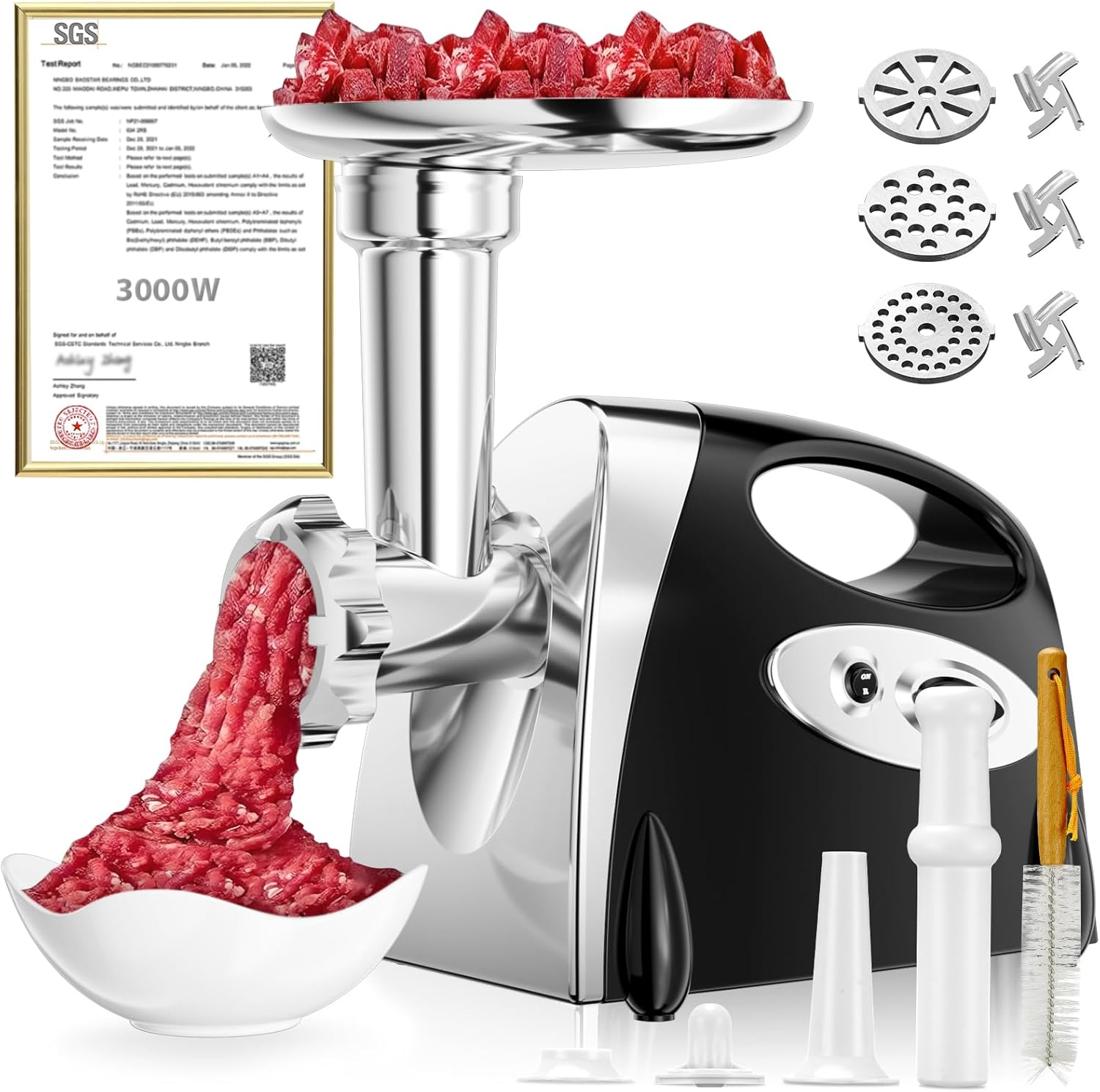 Electric Meat Grinder: [3000W Superior Motor] [Exquisite Box] Hachoir &Agrave; Viande with 6 PCS Stainless Steel Blades & Grinding Plates, Sausage Stuffer Tubes & Kubbe Kit Portable Handle for Gift(Black) image number 4