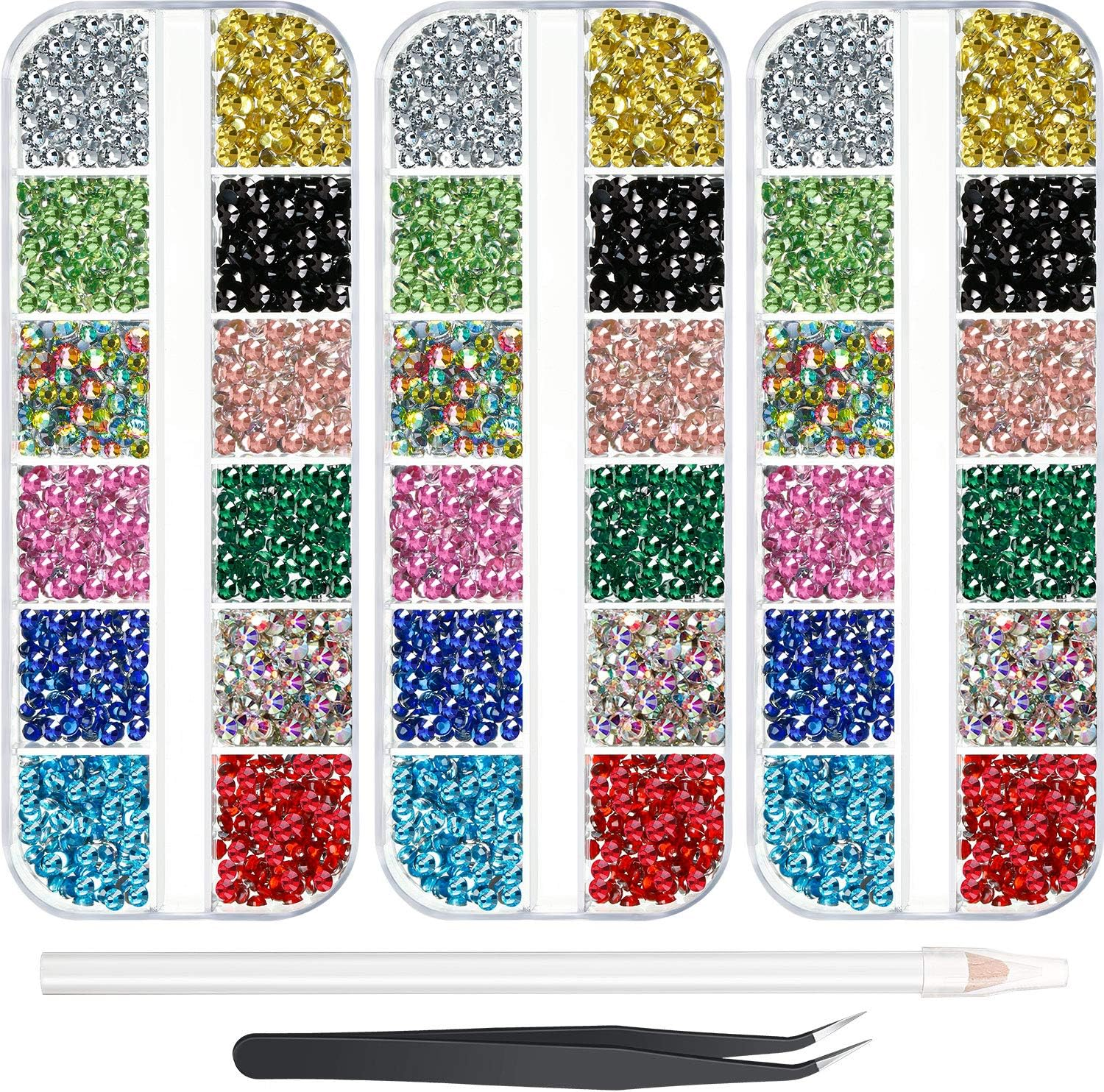 9000 Pieces Hotfix Rhinestone 3 Sizes 12 Colors Flatback round Glass Gemstone Crystal Iron on Rhinestones Glass Stones with Tweezers and 1 Picking Pen for DIY Manicure, Face Art Clothes Bags