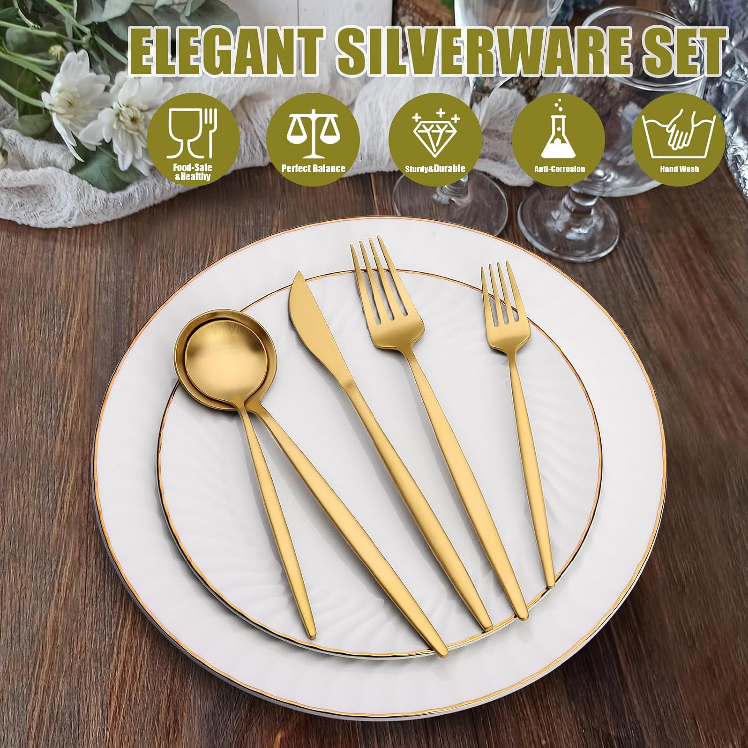 40 Piece Gold Silverware Set for 8, Terlulu Stainless Steel Flatware Set, Gold Cutlery Set Utensils Set, Tableware Include Forks Knives Spoons for Home Kitchen Restaurant Wedding, Satin Finish image number 1