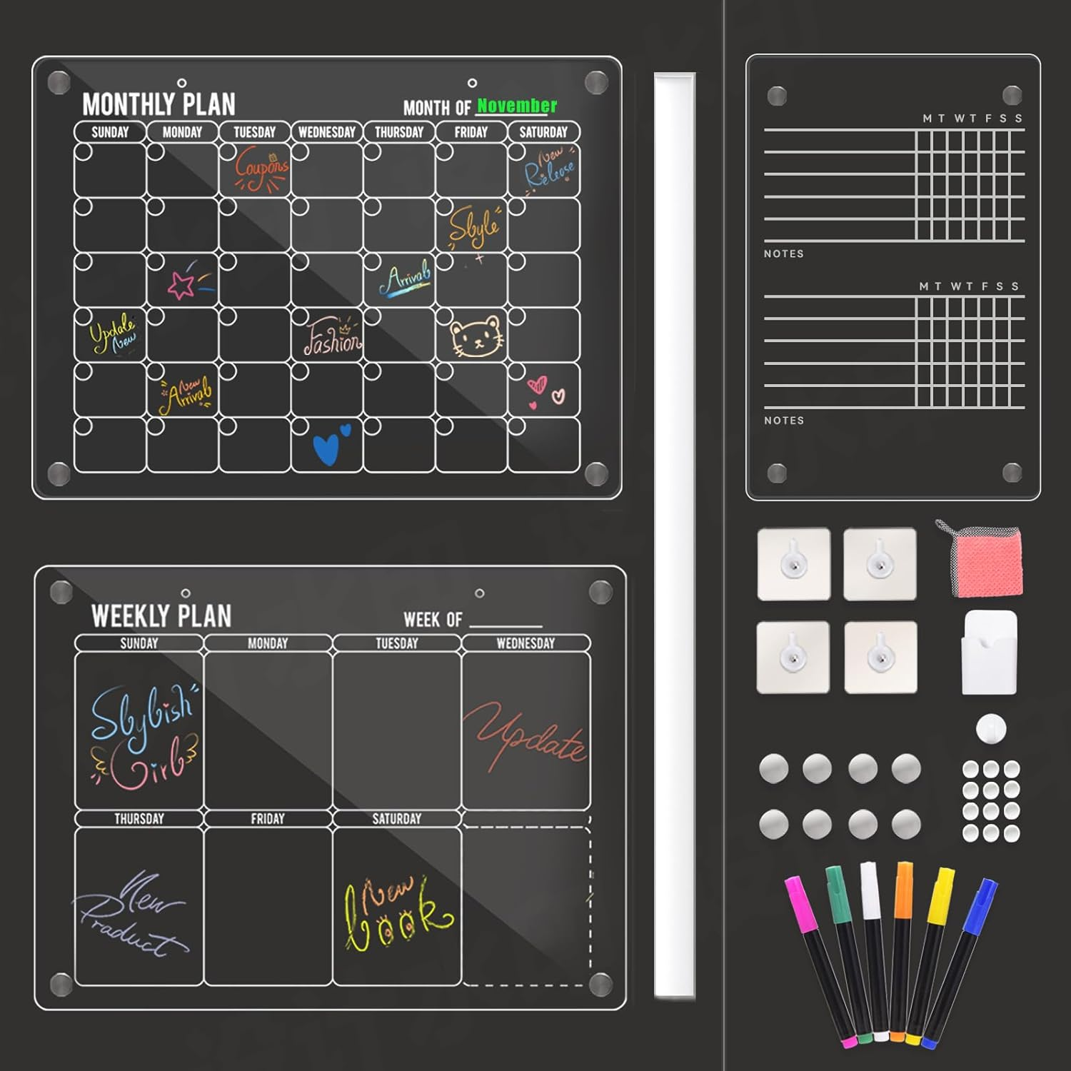 3Pcs Acrylic Magnetic Fridge Calendar, Monthly and Weekly Meal Fridge Planner, Wall Calendar, Clear Dry Erase Board for Refrigerator, W/Dry Erase Markrs, Wall Hook and Silicone Cover