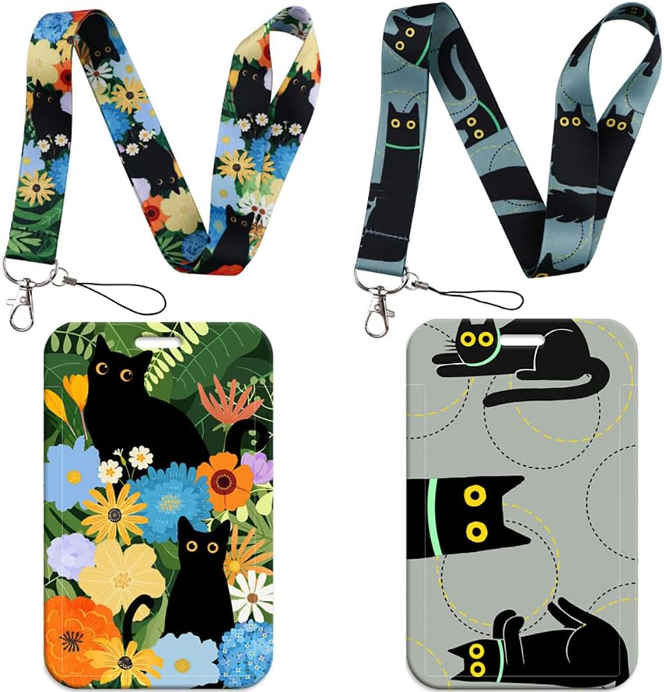 YJSPARKK 2PACK ID Card Holder,Lanyard with Card Holder,Name Tag Badge Keychain Perfect for Office Workers Student Teacher Nurses Doctor Coach (Cat)