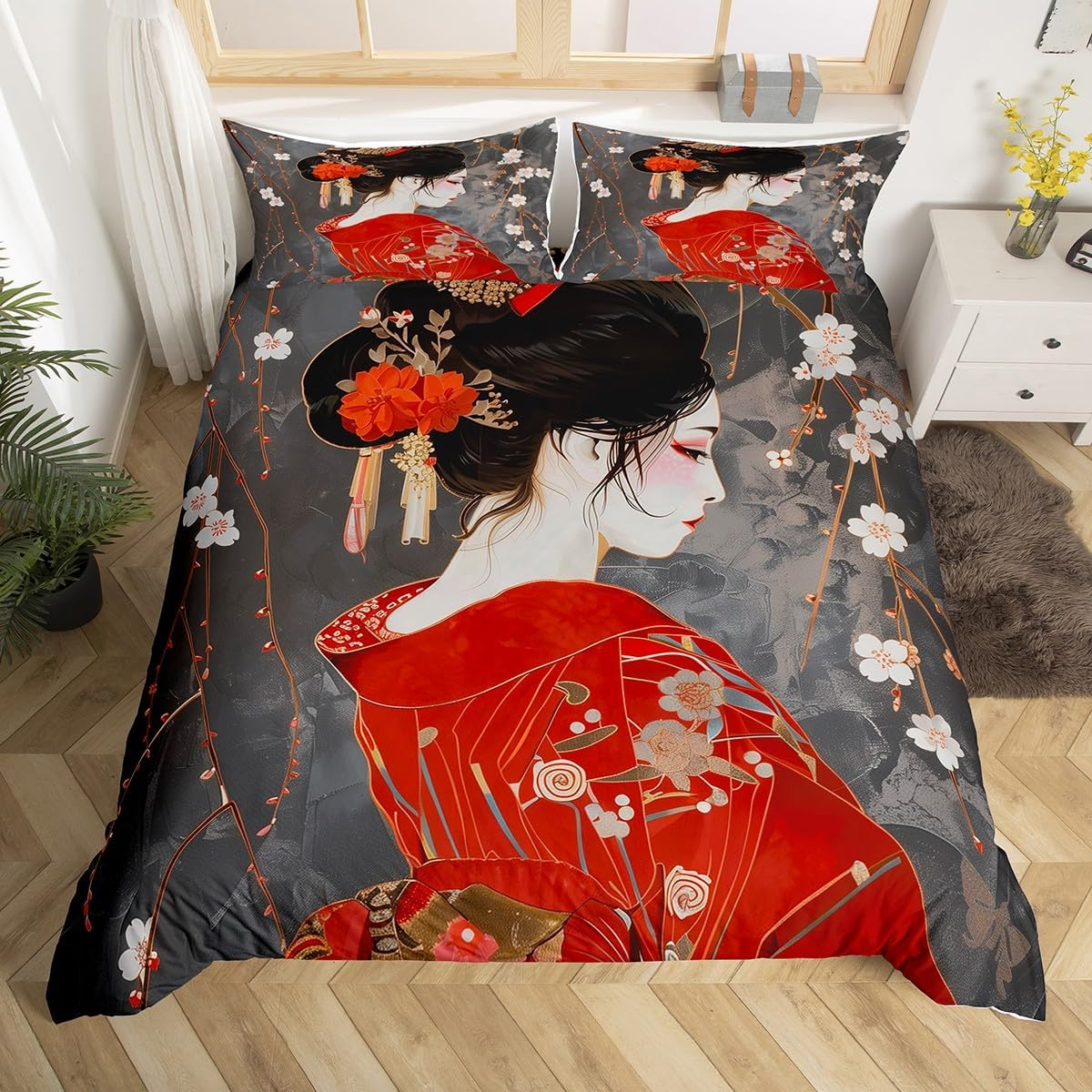 Homemissing Kids Japan Geisha Bedding Set Single Size Boys Girls Cherry Blossoms Comforter Cover Set Japanese Style Duvet Cover Japanese Tradition Aesthetic Bedspread Cover (No Comforter) image number 6