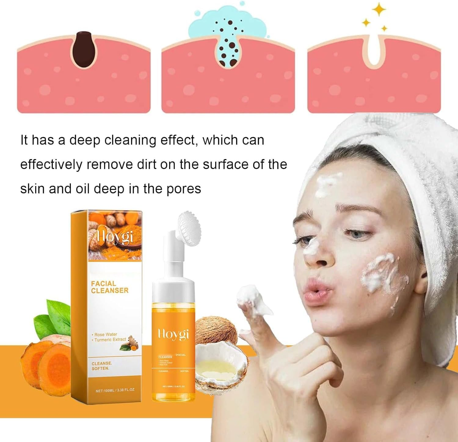 Turmeric Facial Wash,Turmeric Facial Cleanser, Foaming Face Wash, Turmeric Face Wash Deep Clean and Firm Pores,Turmeric Foaming Cleanser for All Skin, 3.38 Fl Oz/Pcs (2) image number 1