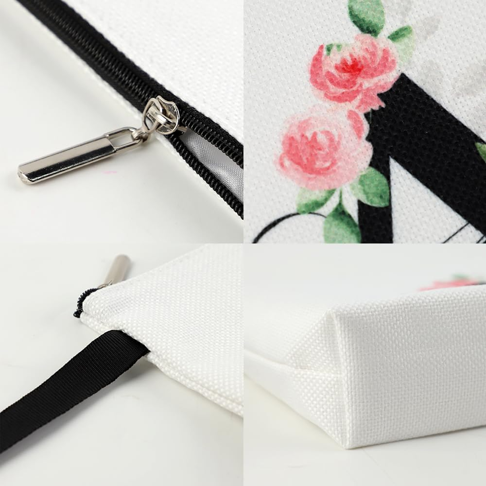 Blisswave Personalised Make up Bag, Sweet and Beautiful Pink Flowers, A-Z Initial Make up Bag, Elegant Silk Lining, Sturdy Metal Zipper, Personalized Gift for Girls and Women, M image number 6