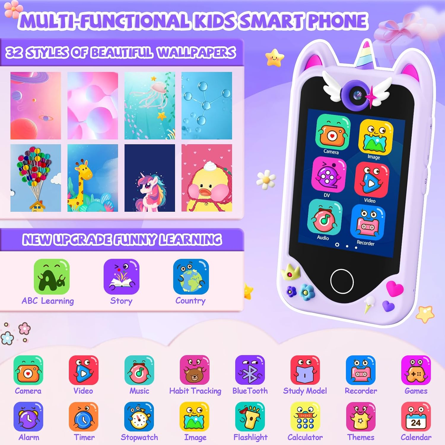 Kids Smart Phone for Girls Gifts - Toddler Christmas Birthday Gift for Age 3 4 5 6 Year Old, Kids Cell Phone Toy with Touchscreen, Dual Cameras, Learning, Music Player, Games with 32 GB Card - Purple image number 4