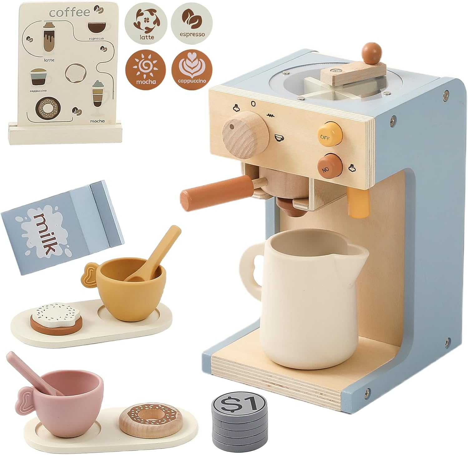 Kids Coffee Maker Playset - Wooden Kitchen Playset Toys - 15PCS Toy Set for Kids Play Kitchen Accessories for Girls & Boys Pretend Play Coffee Maker Toys for Fun image number 1