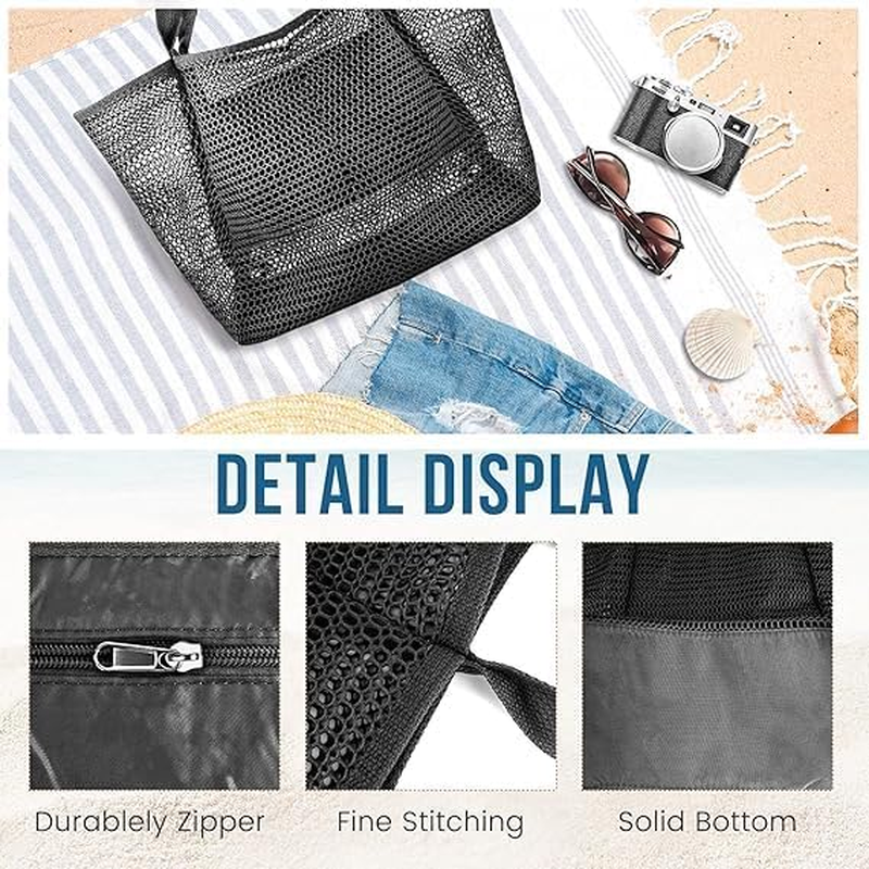 Beach Bags for Women - Summer Travel Mesh Tote Bag, Sandproof Woven Shoulder Handbag with Large Inner Pocket Black image number 3