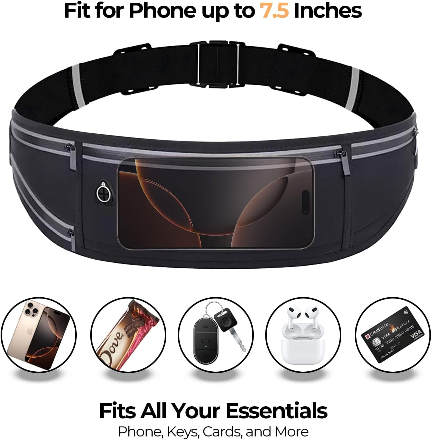 QUPOLPOL Running Belt Waist Pack &ndash; Adjustable Water-Resistant Bum Bag with Phone Pocket, Reflective Strips, No-Bounce Fit for Running, Jogging, Gym, Hiking, Travelling, Black - Pink image number 4