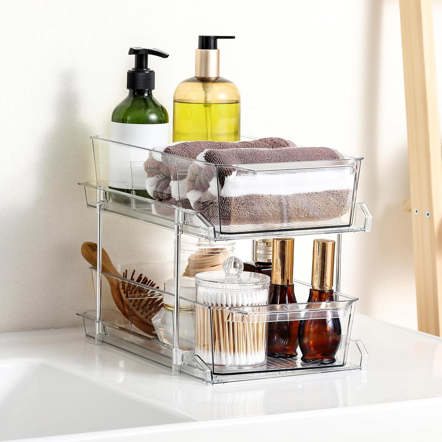 2 Tier Clear Organizer with Dividers for Cabinet, Shlef, Counter - Multiuse Slide-Out Storage Container - Kitchen, Pantry, Medicine Cupboard Bins, Bathroom, Vanity Makeup, under Sink Organizing image number 1