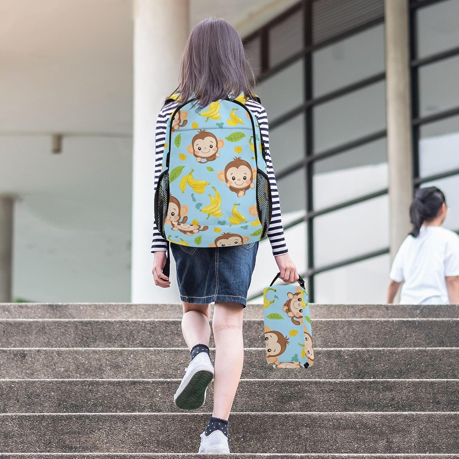 Miaozhen Cute Monkey Bananas Glory Blue Backpack and Lunch Box for Boys Boys Backpacks and Lunch Box School Backpacks for Girls with Lunch Box Age 8-10 Years Old, Cute Monkey Bananas Glory Blue, 1