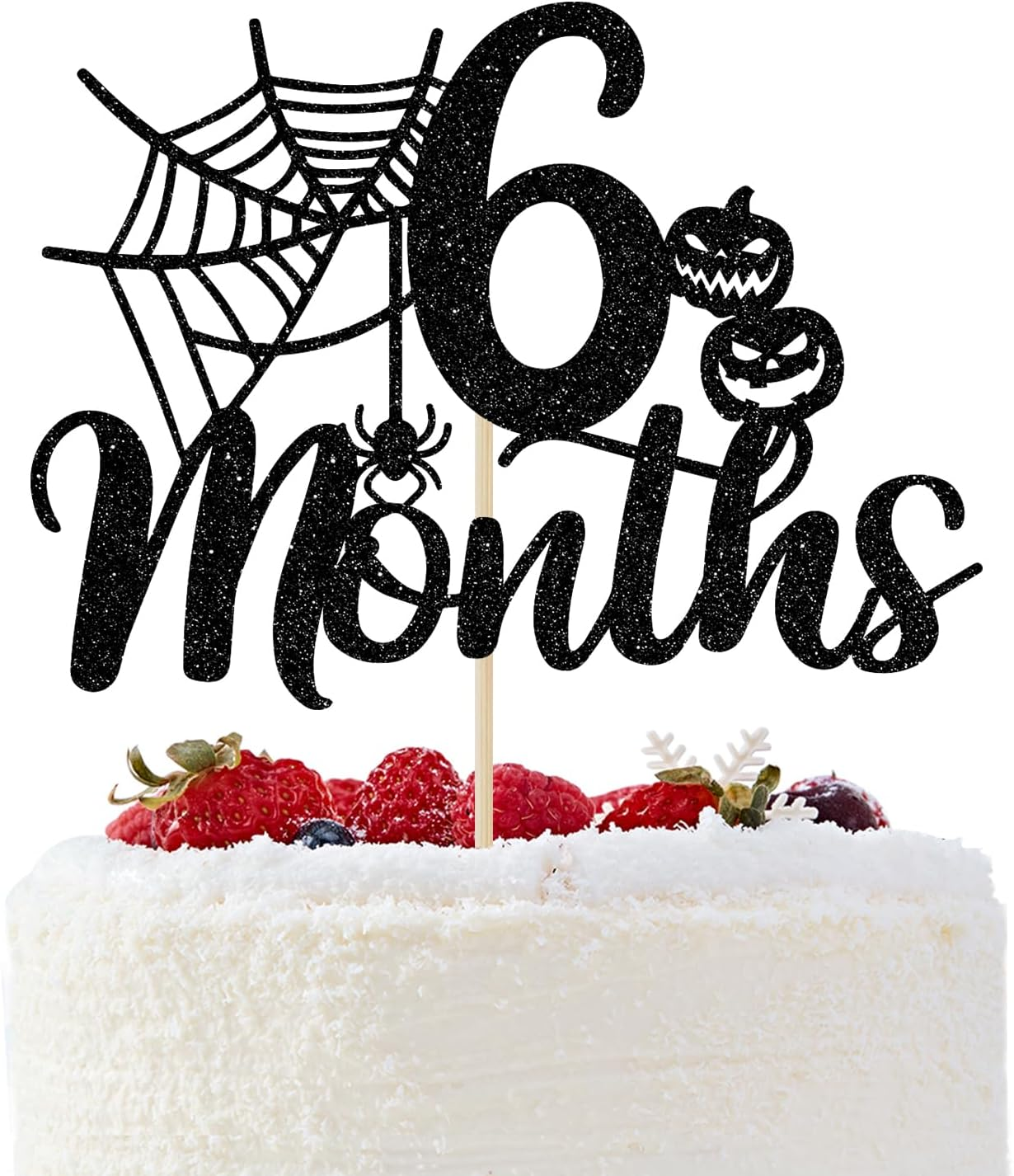 Halloween 6 Months Cake Topper, Halloween Half Birthday Cake Topper, Spider Web Half Birthday Decor, Halloween Themed Birthday Baby Shower Party Decorations, Black Glitter image number 3