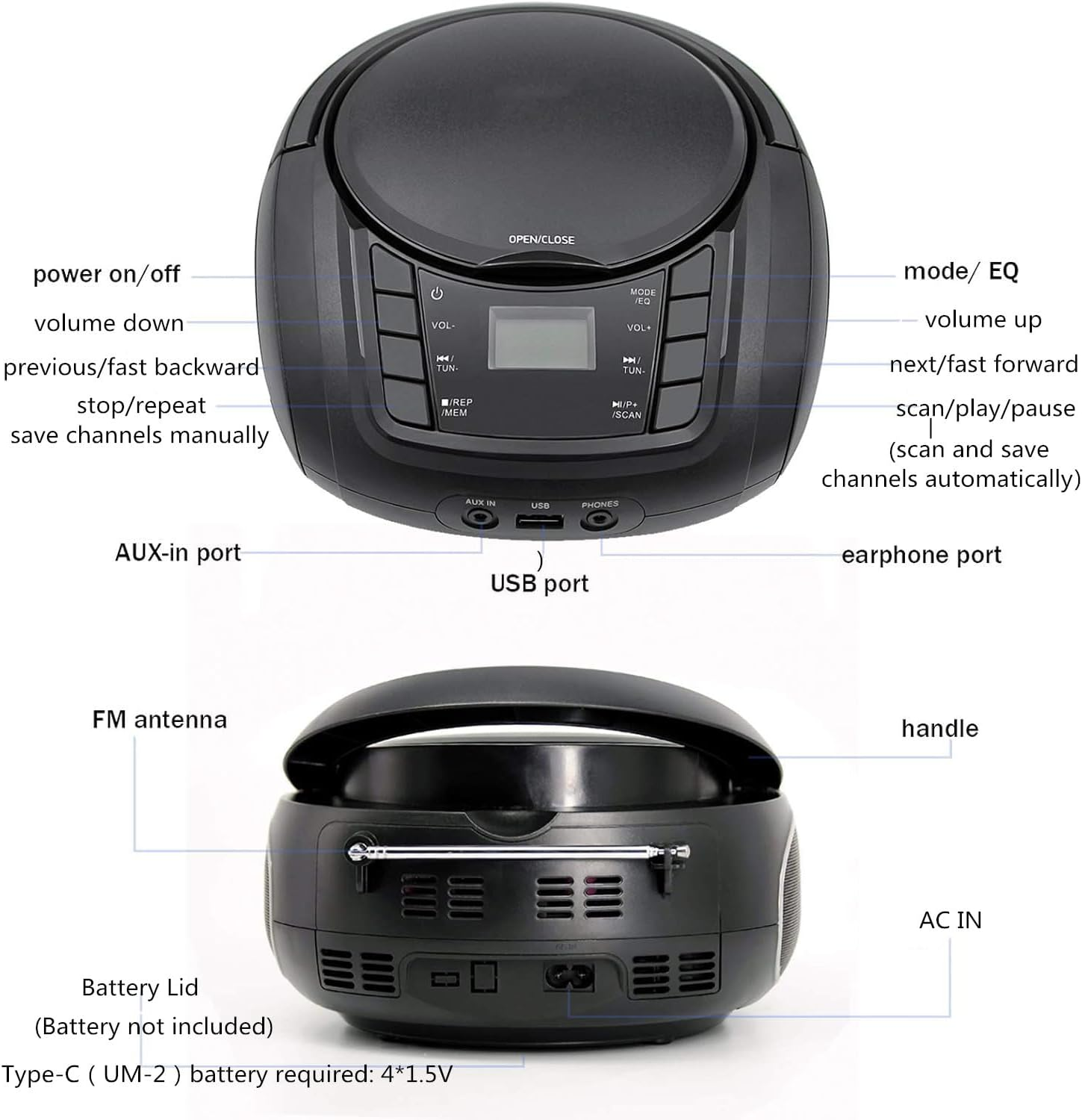 Portable Boombox - CD Player, Bluetooth, USB, MP3, AUX, FM Radio, Portable, Built-In Stereo Speakers, Carrying Handle, LCD Display, Black image number 4