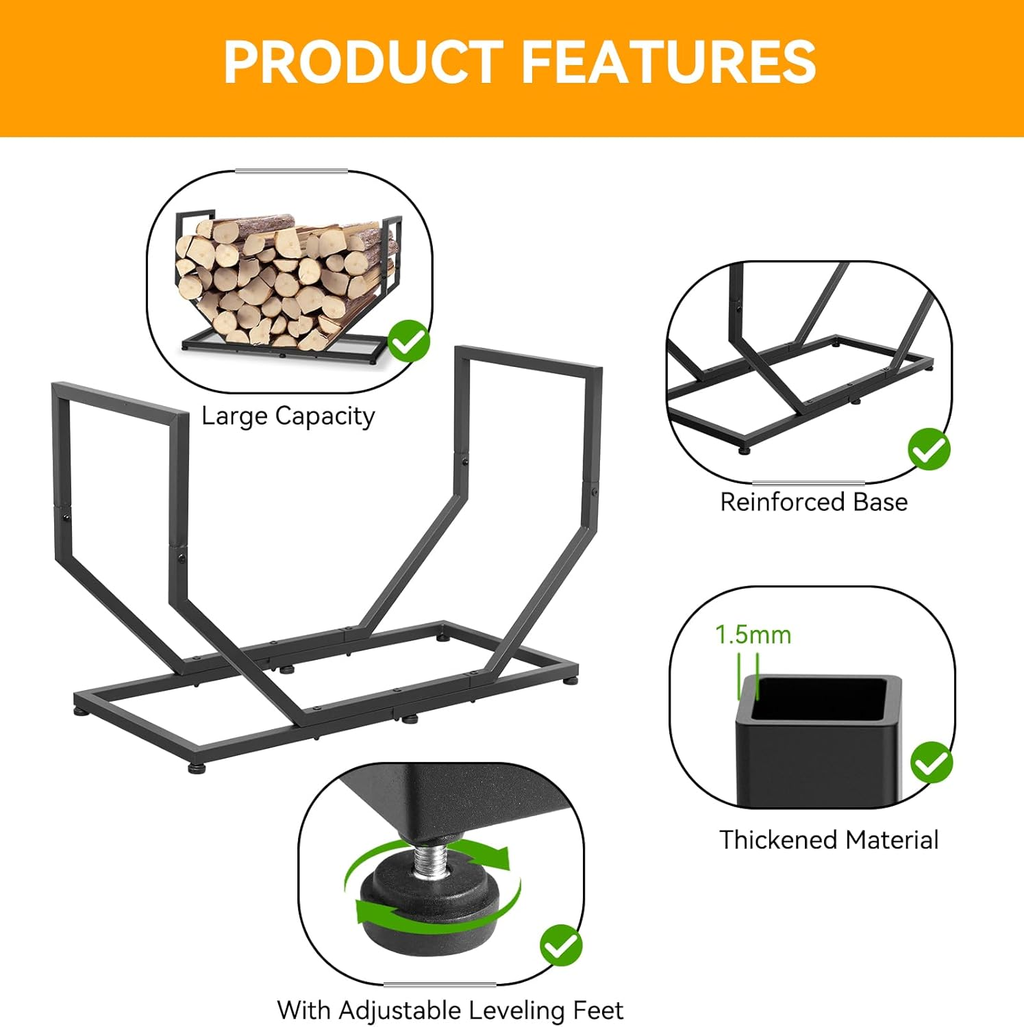 Firewood Rack Outdoor Indoor,31 Inch Firewood Holder,2.58Ft Heavy Duty Metal Firepace Log Holder,Wood Storage Rack with Adjustable Feet,Black image number 5