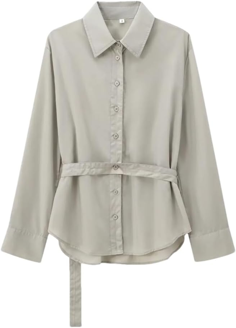 Womens Solid Color Fitted Belt Shirt Loose Casual Long Sleeve Top Button down Office Work Blouse