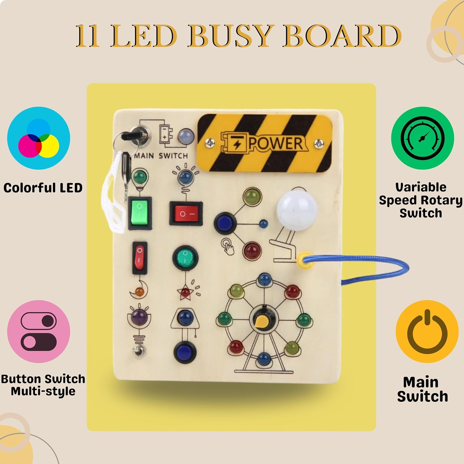 Intellitoy Montessori Busy Board for Toddlers 3+, Wooden Sensory Toddler Toys with LED Lights, Educational Travel Toys for Kids, Fine Motor Skills Learning Toy for Boys & Girls image number 2