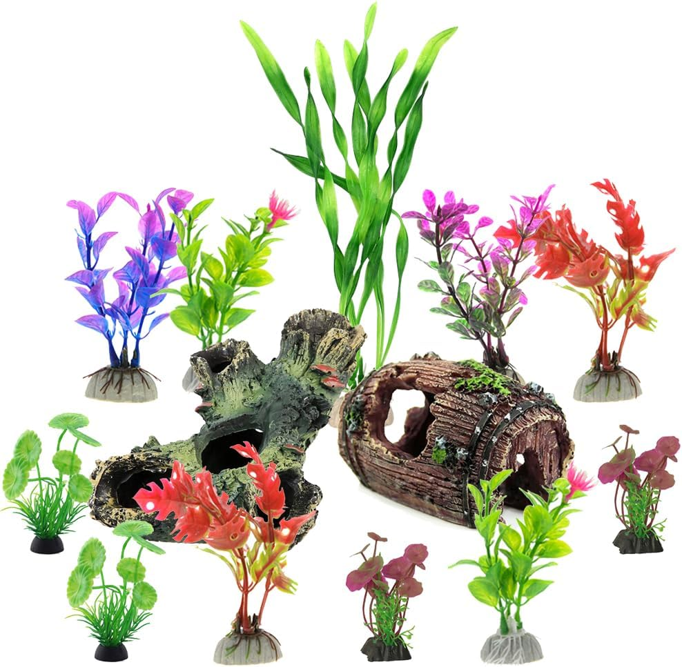Greenjoy Aquarium Decorations Fish-Tank Accessories Plants - Fish Tank Decor Kit with Artificial Plants and Hideouts Ornaments,Small (Ornaments Set #2)