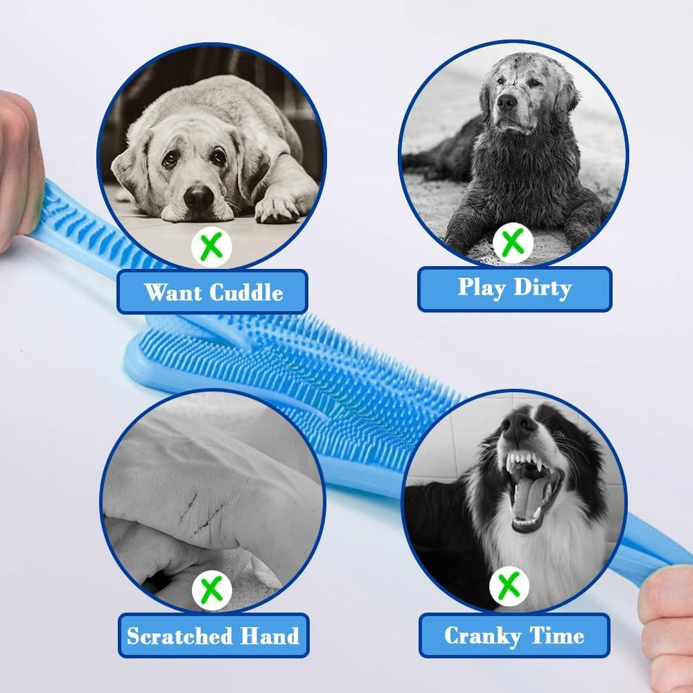 Pet Grooming Gloves Pet Hair Remover Cat, Dog Washing Gloves Silicone Heat Resistant Cleaning Gloves with High-Density Teeth Grooming Gloves for Dogs, Cats, Horses (2 Pairs - Blue & Gray) image number 6