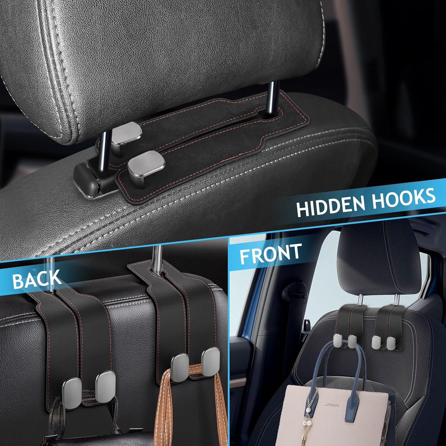 Accevo Car Seat Hooks for Headrest, Headrest Hook for Purses and Bags, 2 in 1 Car Seat Back Storage Hooks for Headrest（2 Pack, Black image number 5