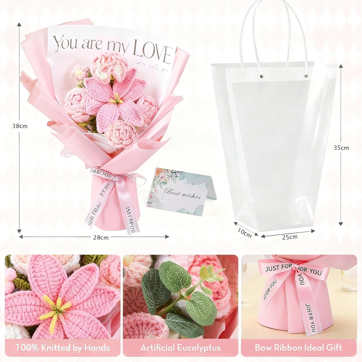 Crochet Flowers Bouquet - Hand Knitted Rose Crochet Flower Bouquet for Home Decor, Weddings, Birthdays, Mother'S Day - Includes Gift Bag and Greeting Card, Faux Crochet Flower image number 2