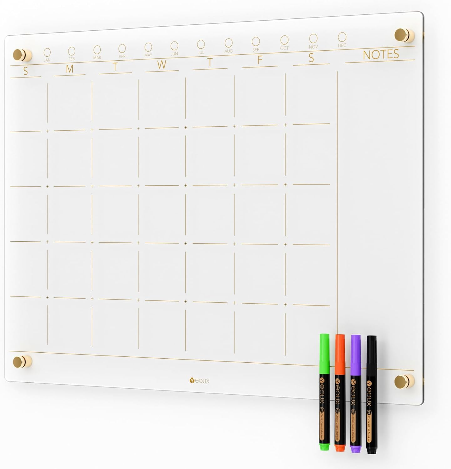 Glass Golden Weekly Dry Erase Calendar White Board for Wall, to Do List & 7 Days Planner Whiteboard for Home Office, 58.6X24Cm, 4 Markers Included, Yeoux