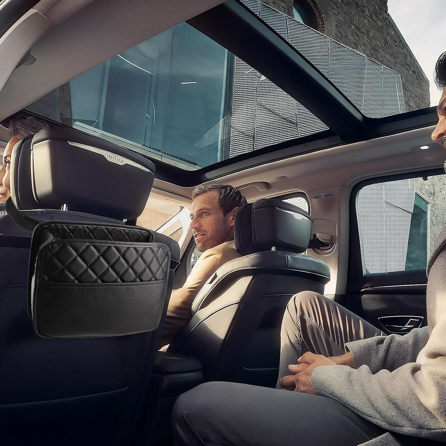 IONPSHG Upgrade Car Seat Hanging Bag (2Pcs)-Waterproof PU Leather Foldable Car Organizer with Cup Holders,Multi-Purpose Backseat Storage Pockets for Travel Accessories,Black image number 1