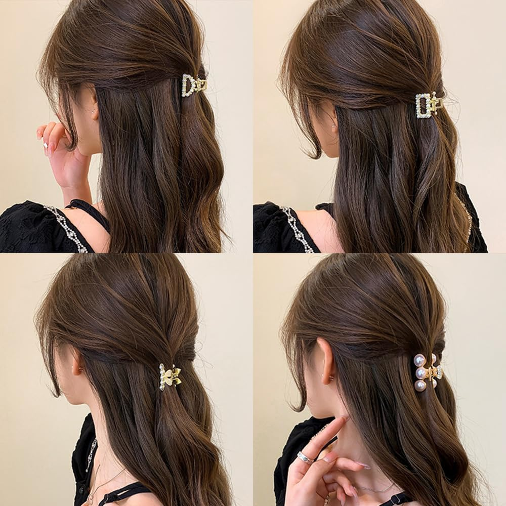 8Pcs Pearl Claw Clip Small Hair Clips for Women,Sweet Pearl Barrettes Various Styles Pearl Hair Claw Clips,Non-Slip Mini Claw Clips Gold Hair Clip Decorative Hair Accessories for Women Girl image number 4