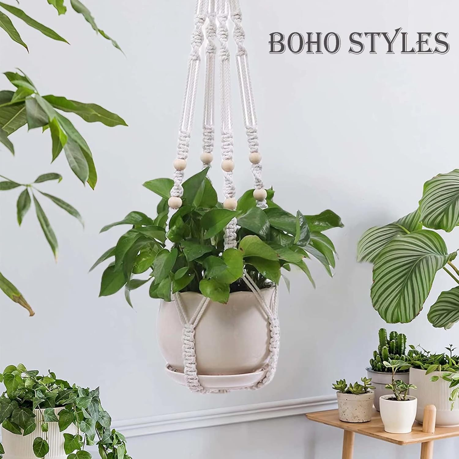 Macrame Plant Hanger Indoor & Outdoor Wall Hanging Planter + 2 Hooks Hanging Planters Basket Cotton Rope 4 Legs 35 Inch Used for Herbs Ferns Ivy Crawling Plants Hanging Planters(Lvory) image number 3