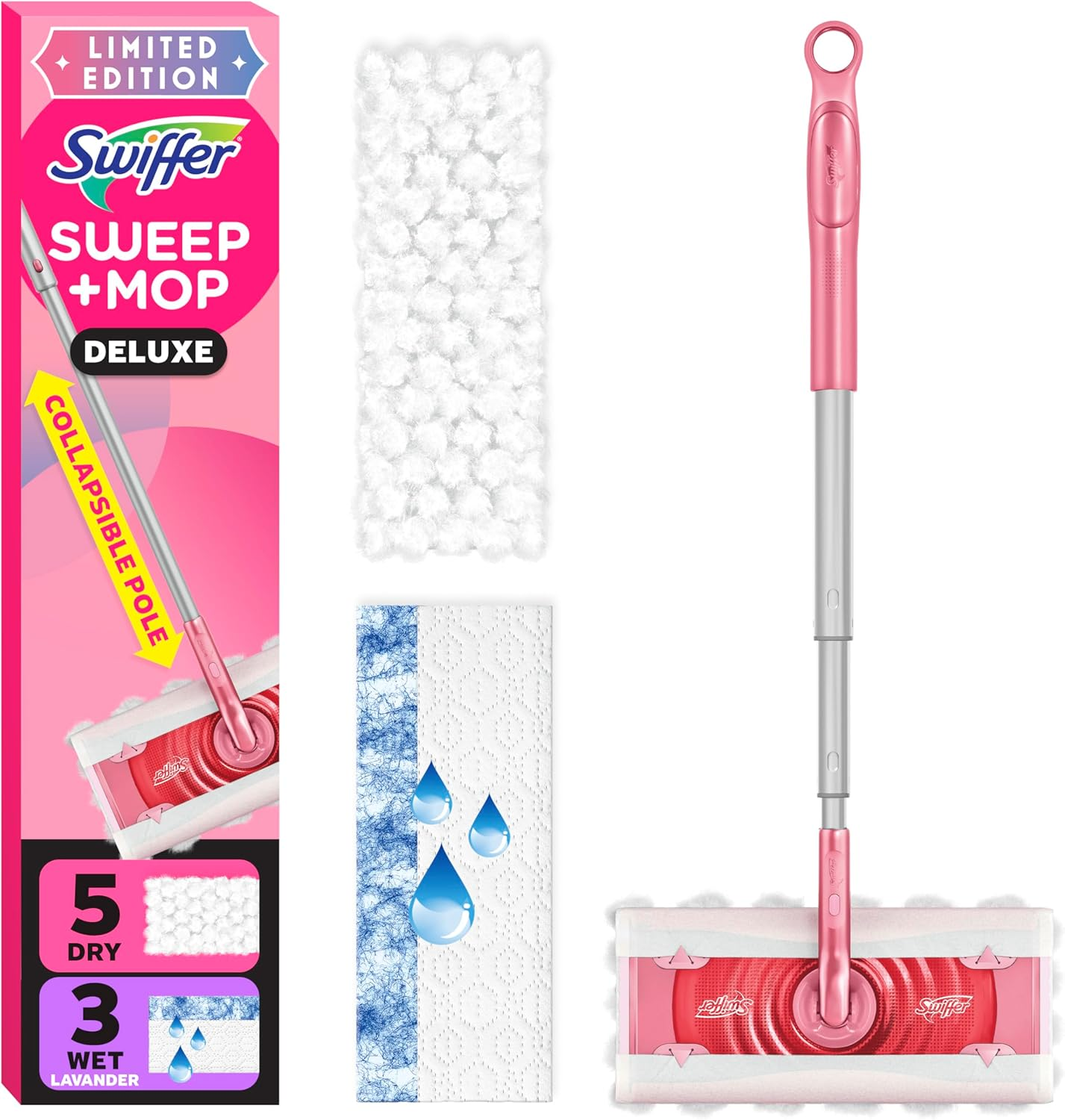 Swiffer Sweep and Mop Deluxe, Limited Edition Pink, 2-In-1 Floor Mopping and Sweeping Kit, Multi-Surface, Includes 1 Sweeper Device, 5 Heavy Duty Dry Sweeping Cloths, 3 Heavy Duty Wet Mopping Cloths