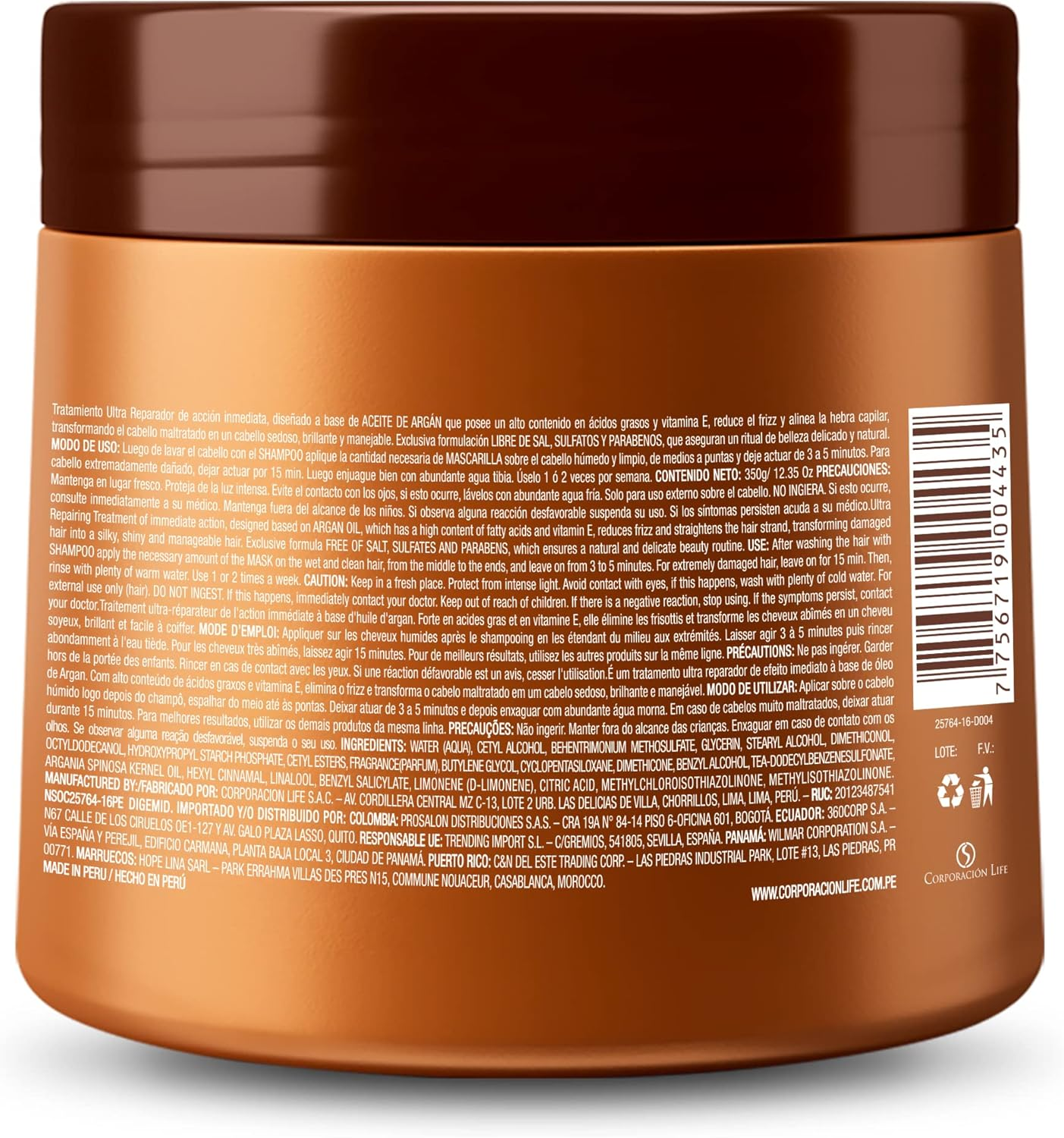 Placenta Life Be Natural Nourishing & Repair Argan Mask for Damaged Hair- 350 Gr/ 370Ml (Repair Argan Mask) image number 3