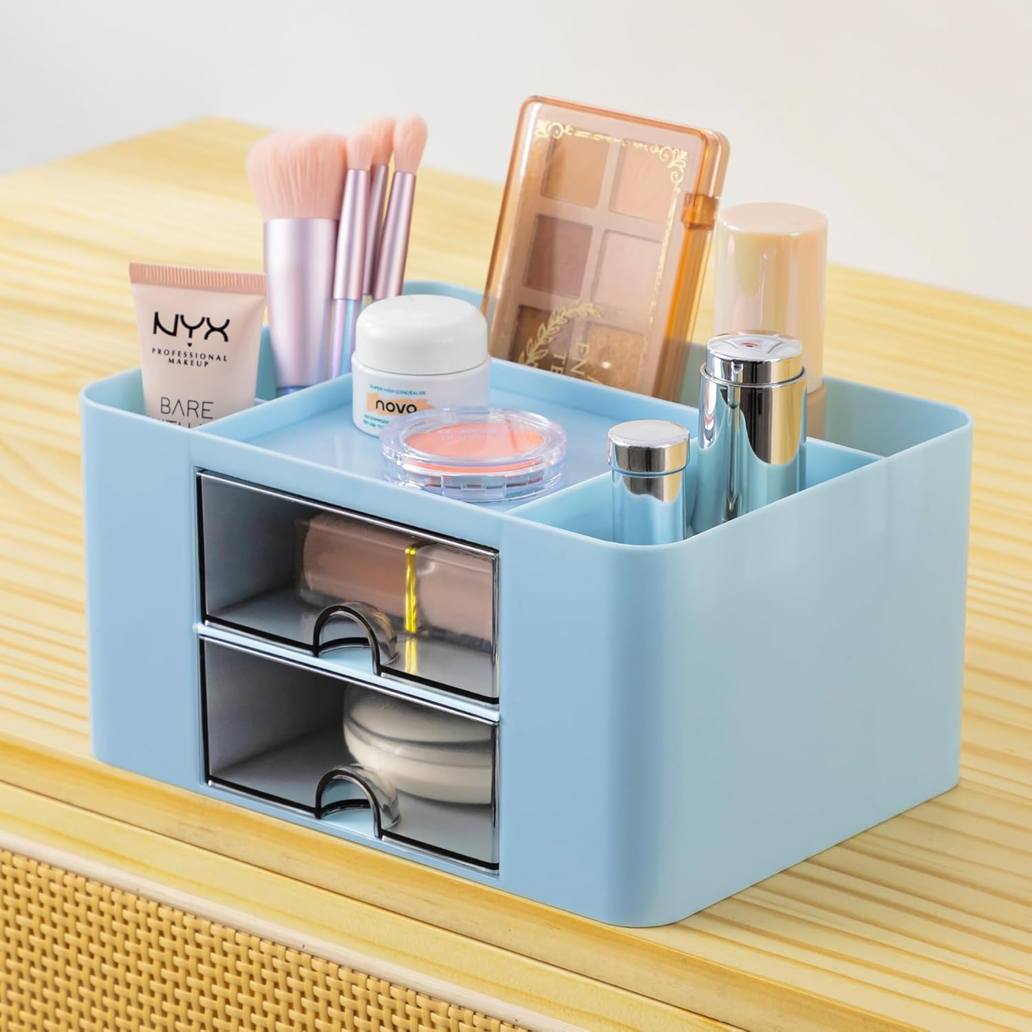 3-Piece Desk Organizer with 2 Drawers, Office Supplies Organizer, Cute Desk Accessories with Plastic, Pen Holder, Blue image number 7