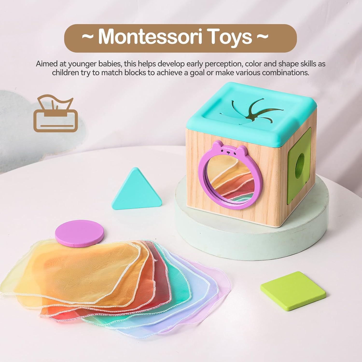 Promise Babe Wooden Baby Tissue Box Toy - Montessori Tissue Box Toy for Babies 12 Months with 3 Shape Blocks & 8 Silk Paper, Baby Boy Girl Gifts for Babies 12 18 Months Old Birthday Children Day image number 4