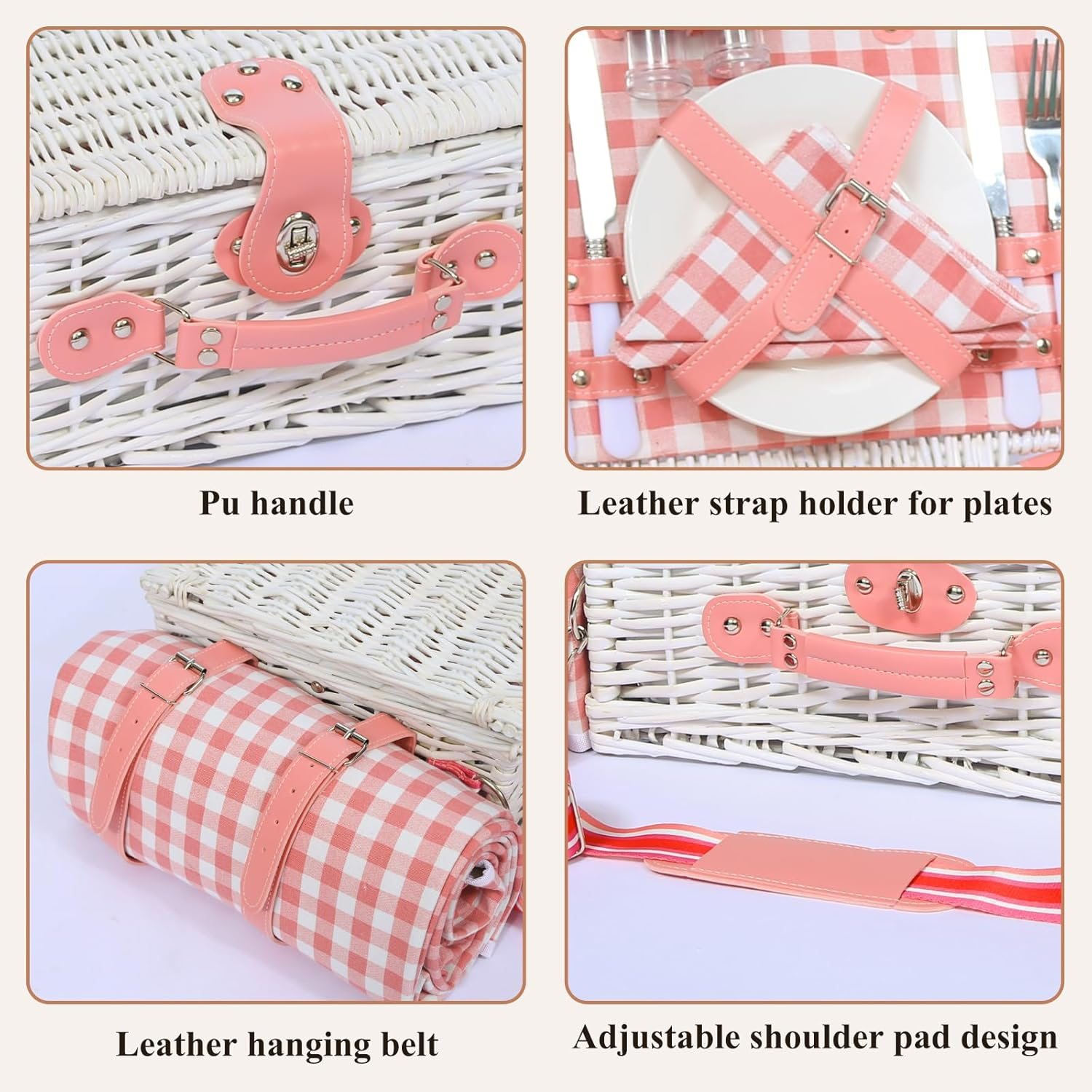 Picnic Basket for 2 with Waterproof Blanket and Wine Pouch, Insulated Wicker Picnic Basket Set, Large Willow Hamper for Outdoor, Beach, Camping, Couples, Wedding Gift, Pink - Blue And White Grid image number 7
