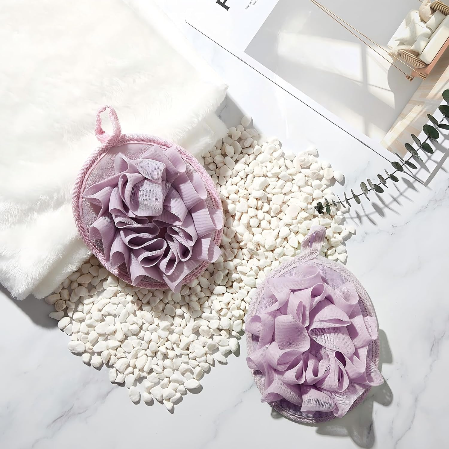 Boao Bath Shower Pouf Sponge Mesh Pouf Shower Ball Exfoliating Body Sponge Pad Scrubber Glove with Flower Bath Ball(3 Pcs,Purple) image number 2