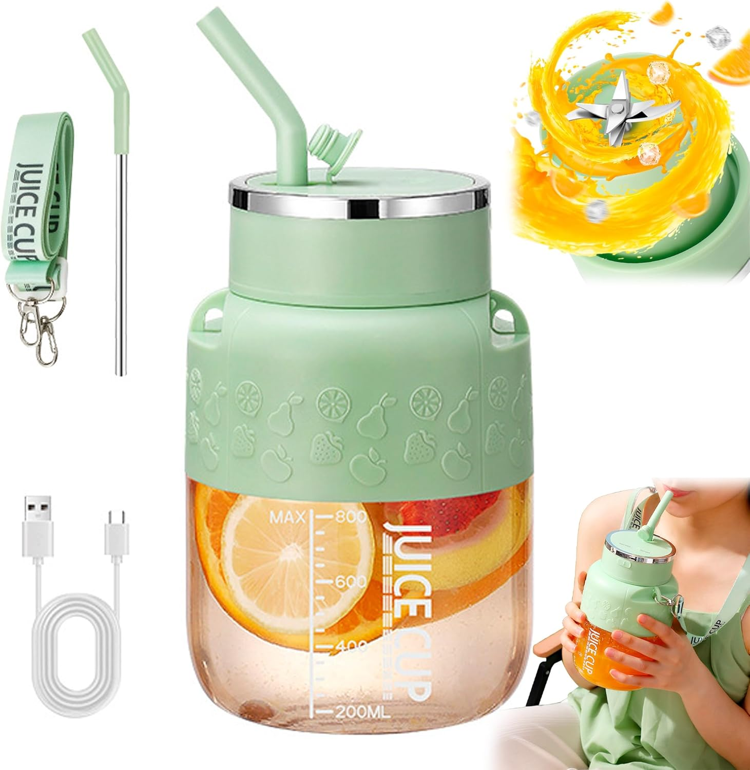 Depehelp Portable Blender and Juicer 2-In-1, 800W Electric Blender Cup with Straw, USB Rechargeable, 28Oz Leakproof Design for Kitchen, Travel, Gym, Making Smoothies and Fresh Juices (White)