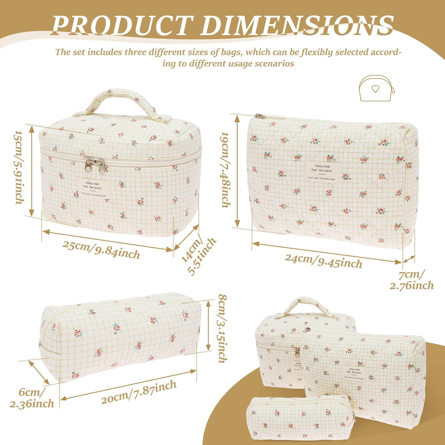 Rdjeokf 3 Pcs Makeup Bag, Large Portable Cotton Toiletry Pouch Tote, Cute Aesthetic Travel Cosmetic Bag, Cosmetic Organizer, Makeup Pouch for Women Girls, Ideal Mothers Day Gift (Style 1) image number 3