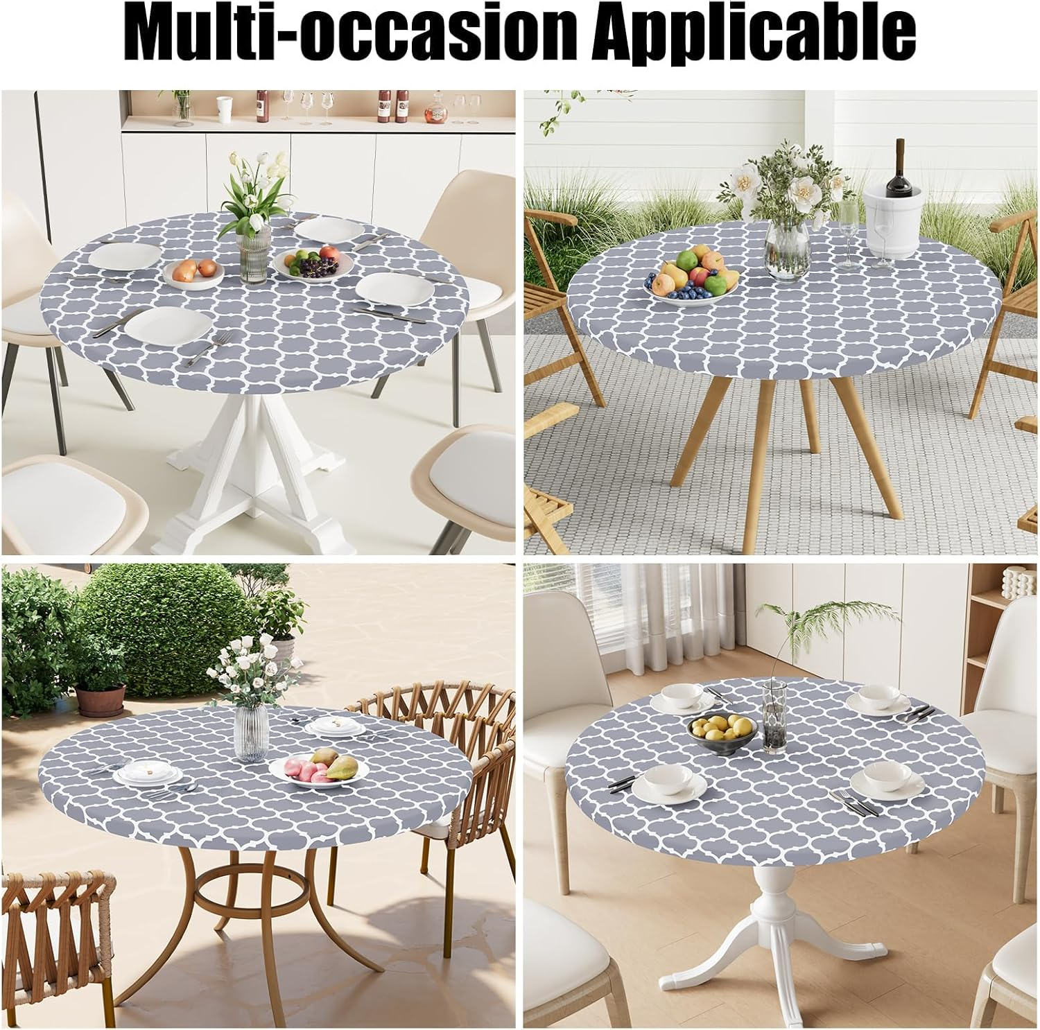 Smiry round Table Cloth Cover - Elastic Edged Flannel Backed Vinyl Tablecloth, Waterproof Wipeable Gray Moroccan Trellis Pattern Table Cover for Outdoor Indoor Room image number 4