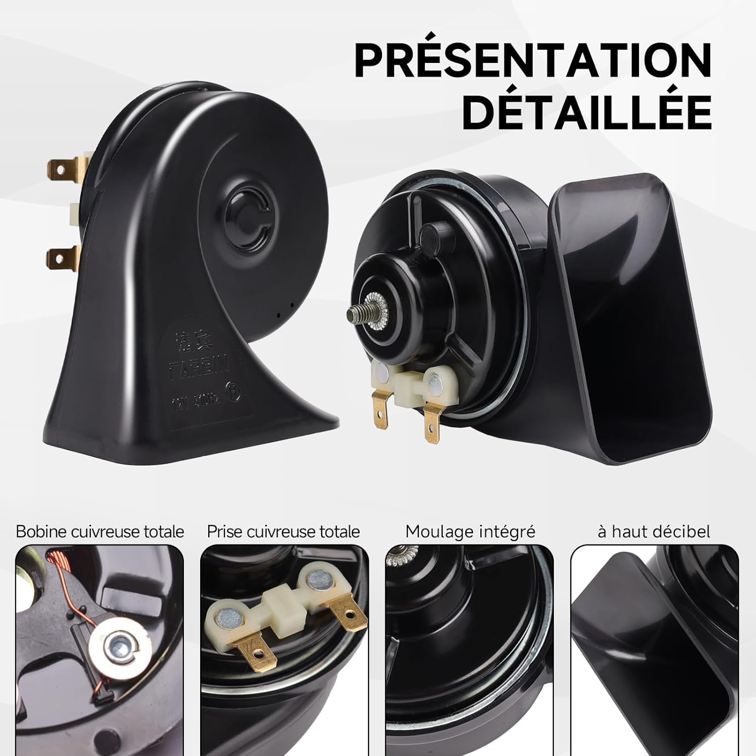 FARBIN Car Horn 12V Loud Waterproof Double Horn Super Loud Train Horns Car Electric Snail Horn Air Horns Truck Horn Replacement Kit Universal for Car Motorcycle Truck Boat (Black, Boutique Snail Horn) image number 1