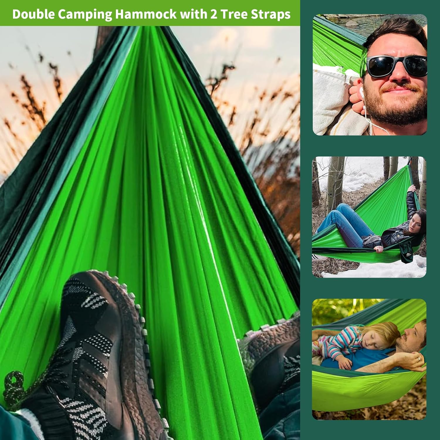 Double Camping Hammock with 2 Tree Straps, Lightweight Nylon Parachute Tree Hammock Tent, Portable Two Person Parachute Hammocks Swing for Outdoor Hiking Beach Backpacking (Sky Blue & Deep Blue) image number 6