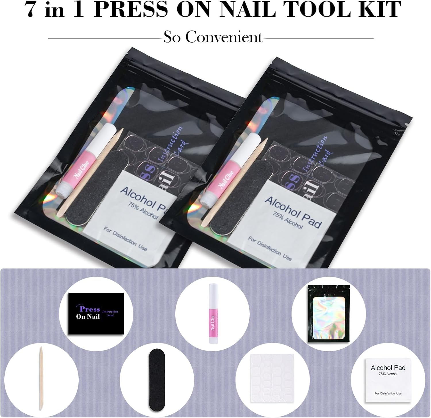 Disposable Nail Supplies Kits,Professional Manicure Press on Nail Tool Kit with Nail File,Adhesive Tabs,Nail Glue,Sticks, Prep Pads,Bags,Cards for Nail Business(Black-140Pcs20Set) image number 2