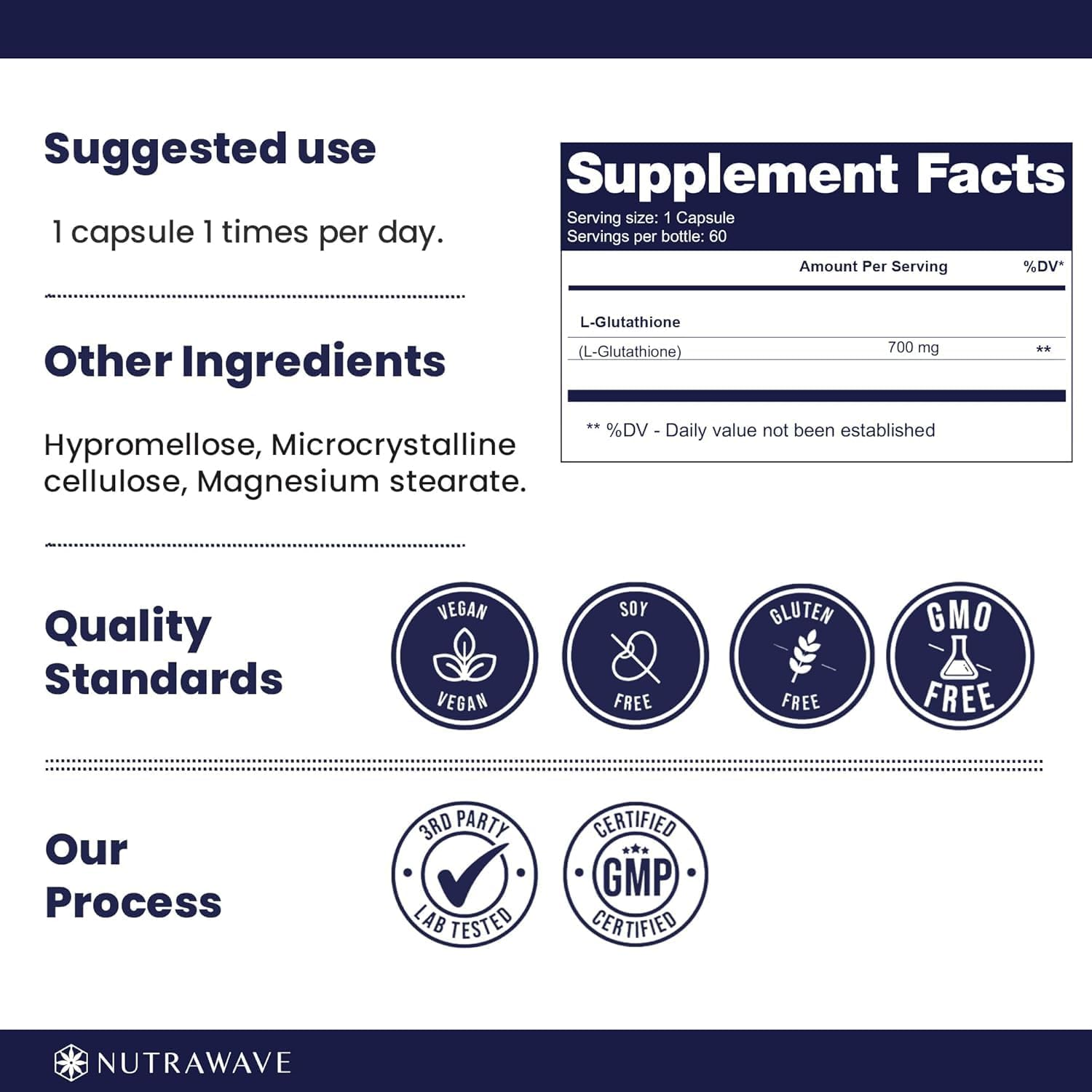 Nutrawave Pure L-Glutathione 700Mg per Capsule &ndash; High Strength, Non-Gmo, Vegan-Friendly, 60 Capsules