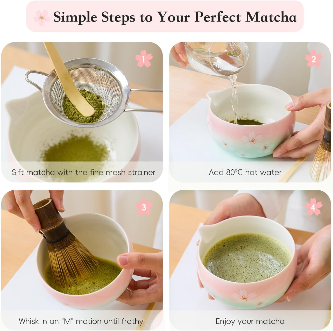Combojoy Matcha Whisk Set &ndash; Japanese Tea Ceremony Kit with Ceramic Bowl, Purple Bamboo Whisk (Chasen), Holder, Sifter & Scoop &ndash; Complete Matcha Kit, Women Gifts for Tea Lovers image number 6