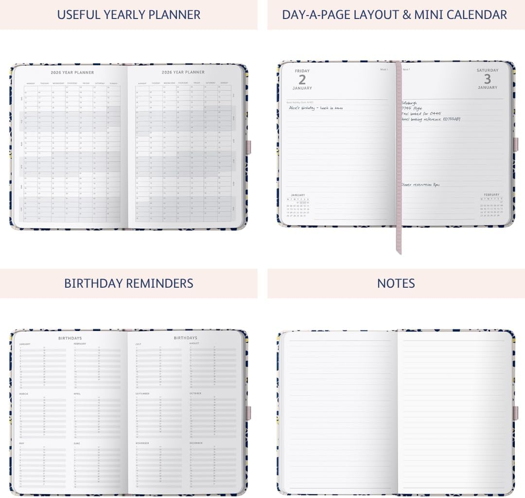 Busy B 2026 A5 Diary Day-A-Page Planner for Students, Professionals & Teachers - Navy Spray Print with Gold Foil, Jan - Dec, Elastic Closure & Ribbon Marker - Organizer for Desk or Handbag - Fuchsia image number 2