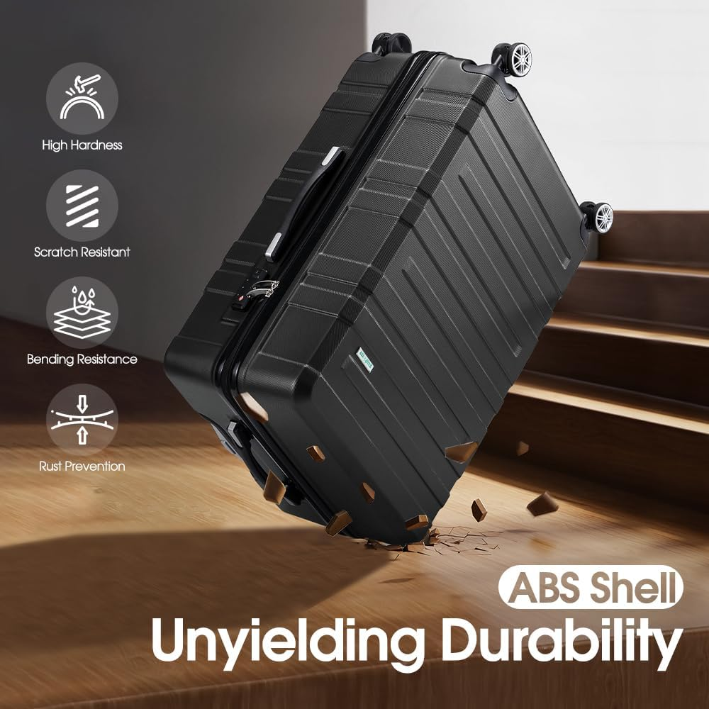 ZUNI 3 Piece Luggage Sets PC+ABS Durable Suitcase with Double Spinner Wheels T-SA Lock, Carry on Luggage for Travel, Business, 20/24/28 Inch, Black image number 3