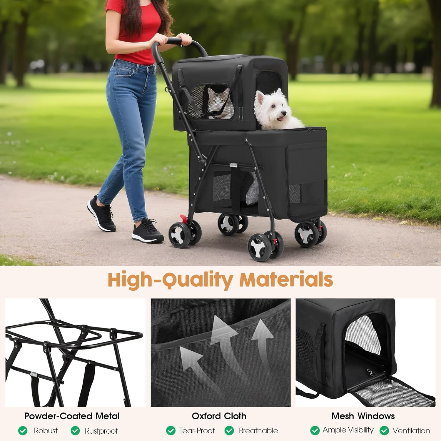 Advwin Double Pet Stroller for Dogs and Cats, 3-In-1 Dog Jogger Stroller Foldable Travel Carriage with Detachable Carriers, Safety Belts, and Lockable Wheels for Multi-Pet Homes image number 4